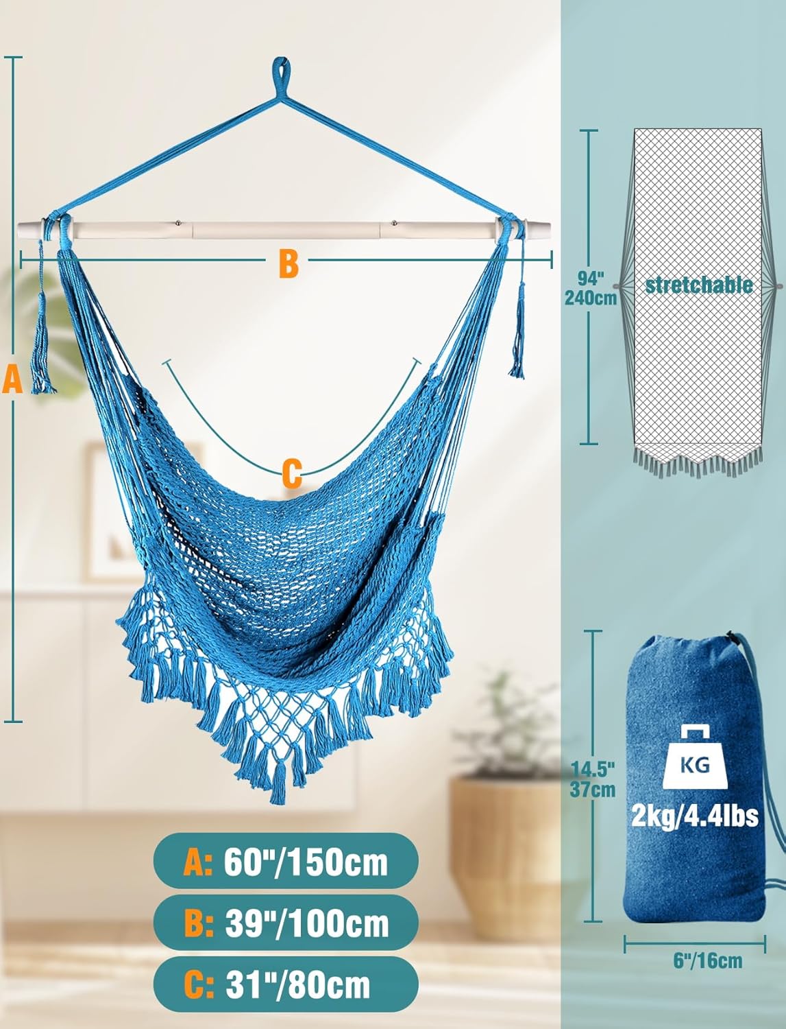 Chihee Hammock Chair Super Large Hanging Chair Soft-Spun Cotton Rope Weaving Chair, Collapsible Strong Metal Spreader Bar Wide Seat Lace Stretch Swing Chair Indoor Outdoor Garden Yard Theme Decoration - Image 4