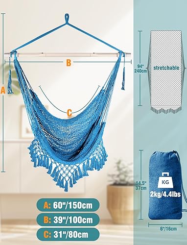 Miniatura 86 de Chihee Silla de hamaca súper grande, sillas colgantes de cuerda de algodón hilado suave, plegable y resistente, barra separadora de metal, asiento