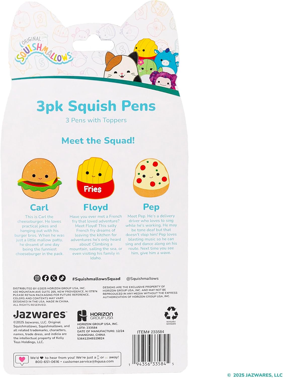 Squishmallows Original Squishy Pens, 3 Pack, Cute School Supplies, Journaling, Carl the Cheeseburger, Pep the Pizza, Floyd the French Fry