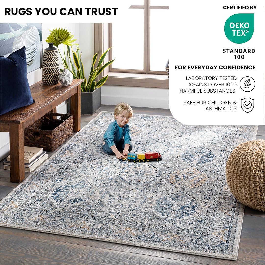 Livabliss Habana Vintage Rug - Area Rugs For Living Room 200x274 Cm, Bedroom - Scandi Neutral Rugs, Traditional Patterned Boho Style, Natural Easy Care Pile - Large Rug, Blue And Grey