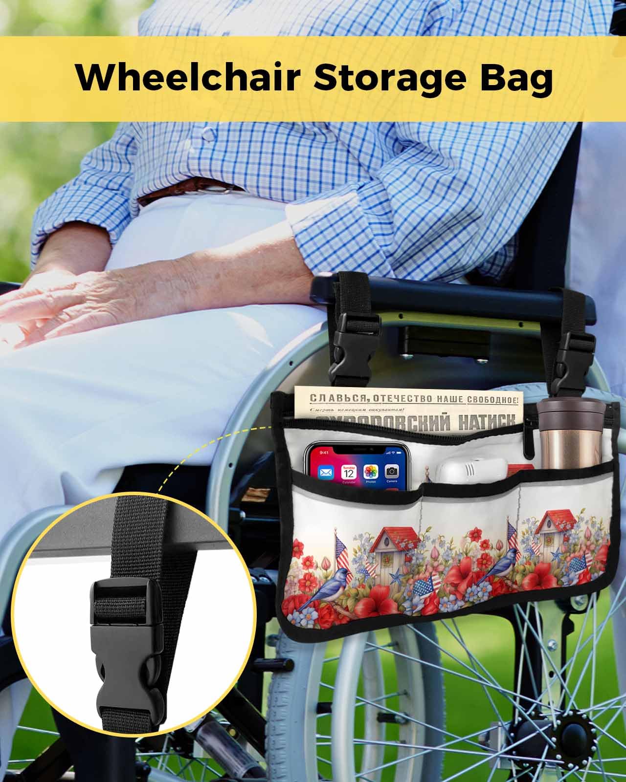 4th of July Wheelchair Side Bag, Garden Flower Birds Stripes Stars Flag Wheelchair Walker Armrest Bags with Cup Holder & Reflective Stripes, Mobility Scooter Walker Rollator Wheelchair Accessories