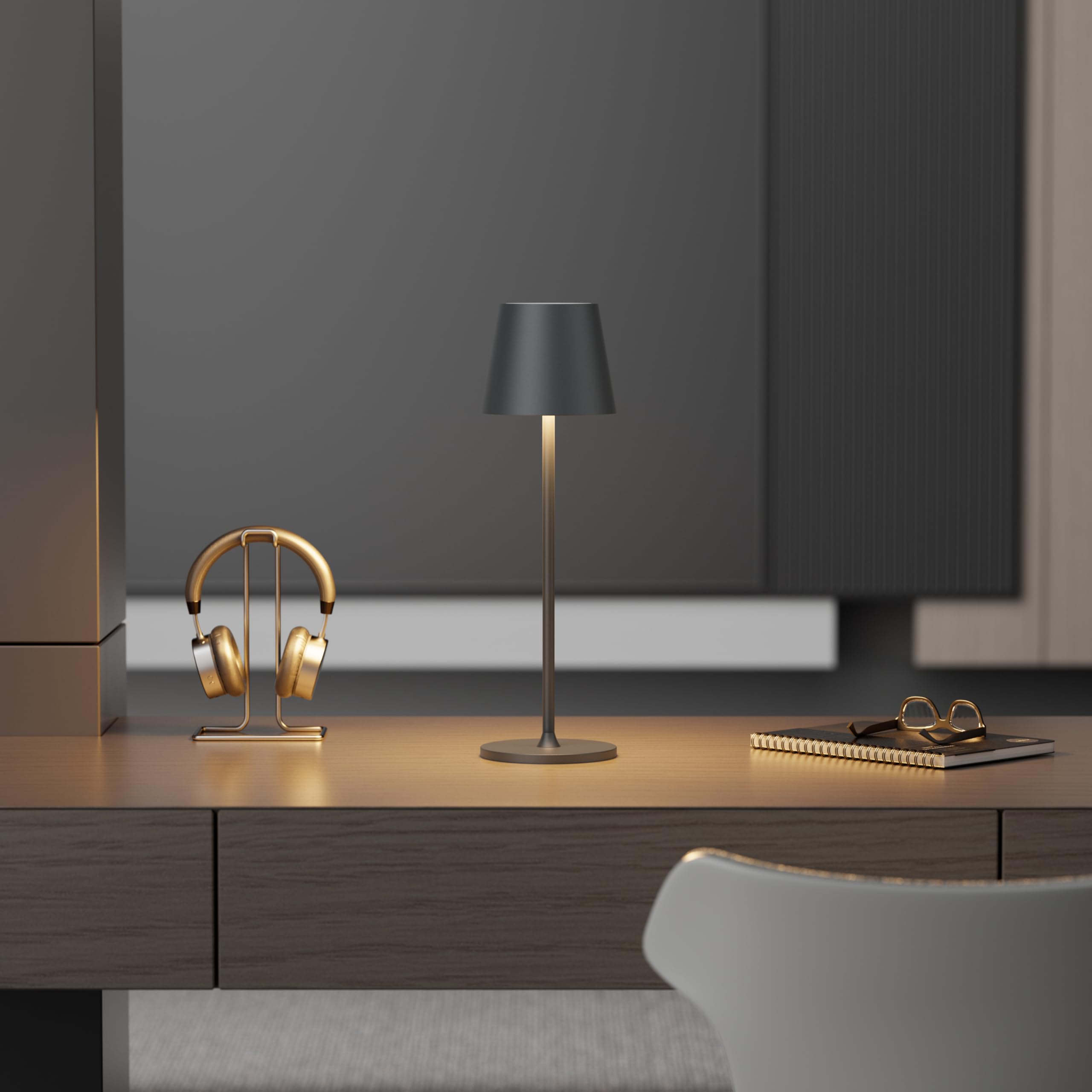 LED sans fil Lampe de table rechargeable, 3000K lampe bouteille à intensité variable, 5000mAh IP54 lampe de table réglable en hauteur pour une utilisation intérieure et extérieure, Anthracite
