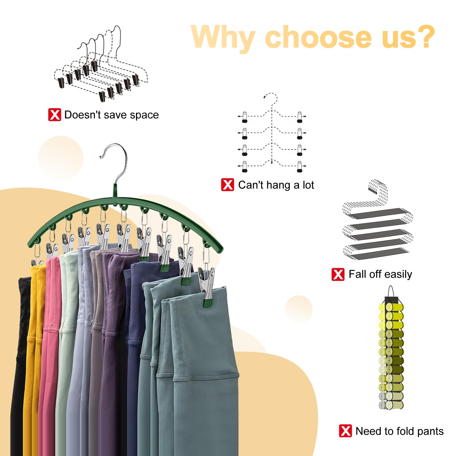 Volnamal Legging Organizer for Closet, Metal Yoga Pants Hangers 2 Pack w/10 Clips Holds 20 Leggings, Space Saving Hanging Closet Organizer w/Rubber Coated Closet Organizers and Storage, Black: Green 4 Pack