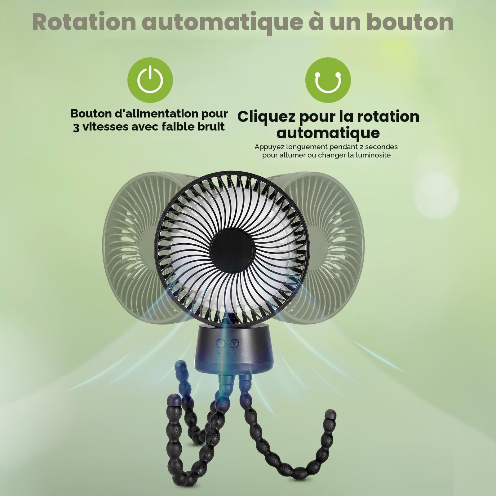 POPERFUN Ventilateur de Poussette 10000mAh, Ventilateur Portable avec Lumière LED, 3 Vitesses Ventilateur USB Rechargeable pour Poussette, Berceau, Siège Auto, Bureau, Voyage (Noir)