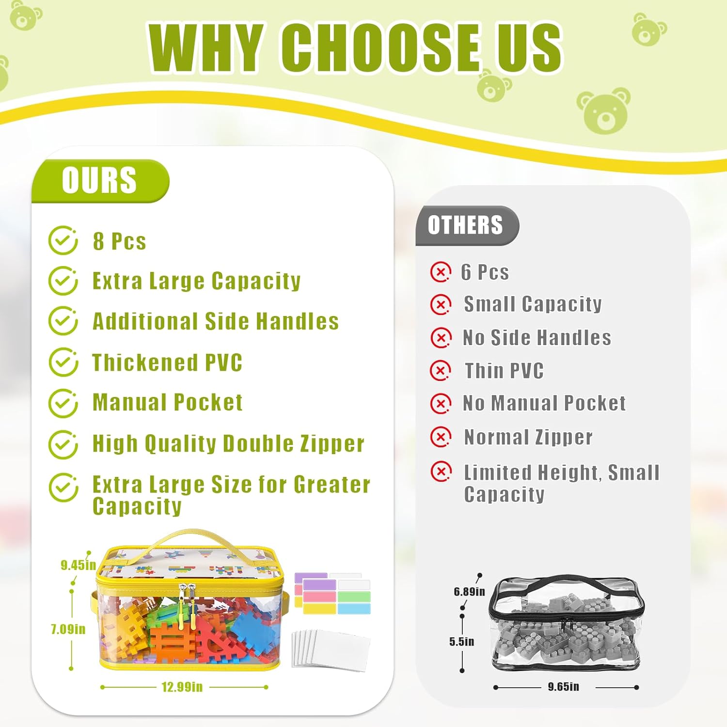8 Pack Extra Large Clear Toy Storage Bags with Zippers & Labels, Reusable PVC Transparent Waterproof Toy Organizer Bags for Board Game Storage, Building Blocks, Puzzle, Dolls