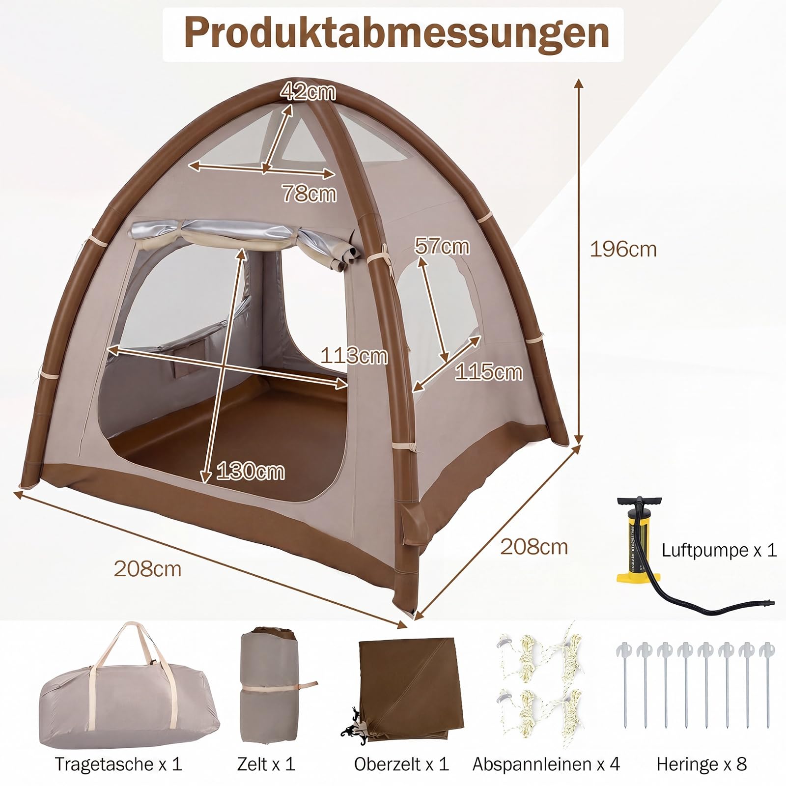 COSTWAY Aufblasbares Campingzelt für 2-4 Personen, wasserfestes Luftzelt mit Dachfenster, 2 Türen & Netzfenstern, Familienzelt inkl. Tragetasche & Luftpumpe, für Camping & Wandern, 208 x 208 x 196cm