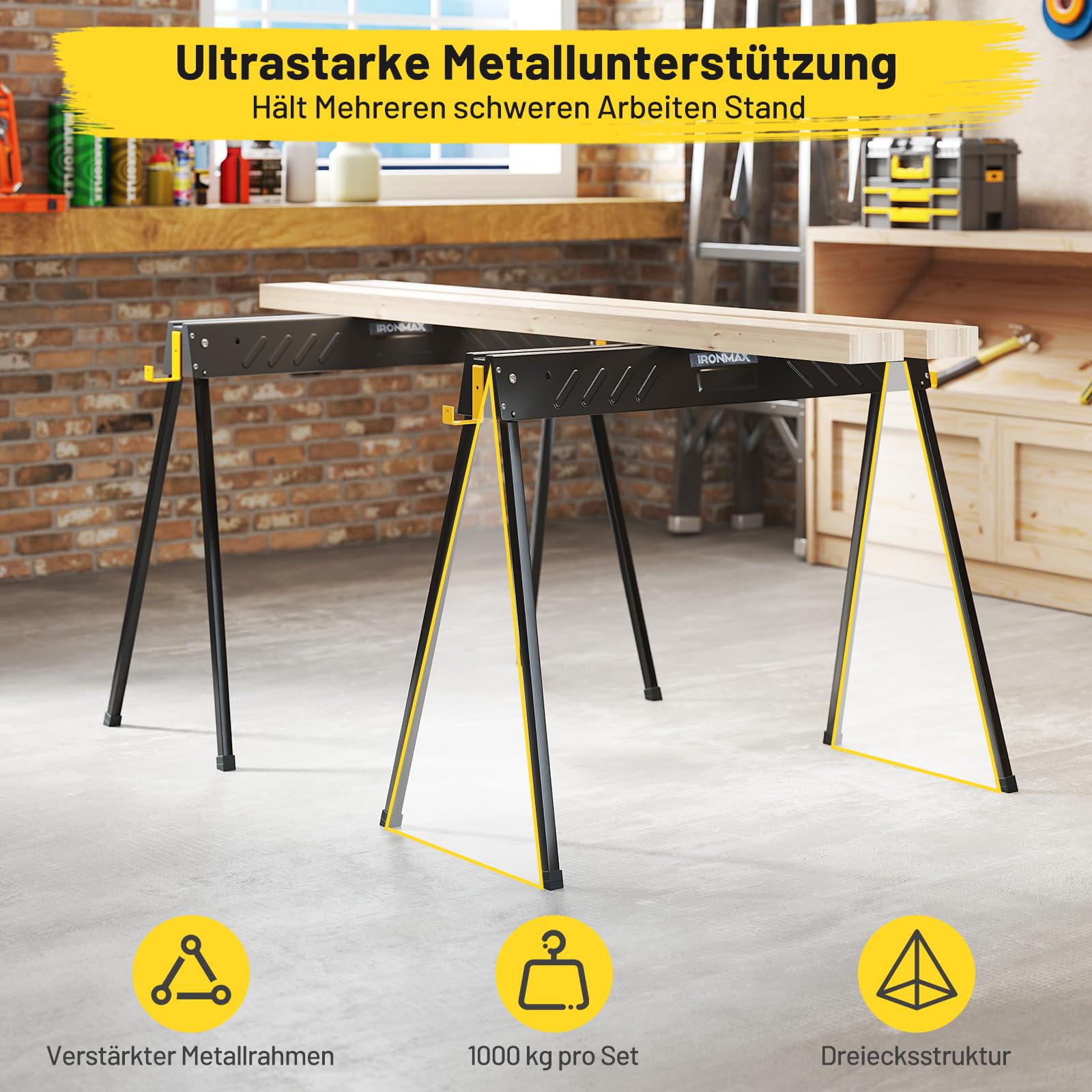 COSTWAY Arbeitsbock 2er Set, bis 500KG belastbar, Böcke klappbar, Sägebock mit 2 x 4 Stützarmen, tragbare klappböcke mit Griff, Gerüstbock für Holzbearbeitung, 94 x 47 x 74 cm