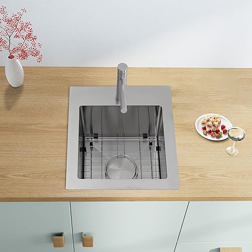 Miniatura 3 de MILOSEN Fregadero de barra de 15 x 17 pulgadas, fregadero de acero inoxidable T304, fregaderos de cocina pequeños con accesorios personalizados,