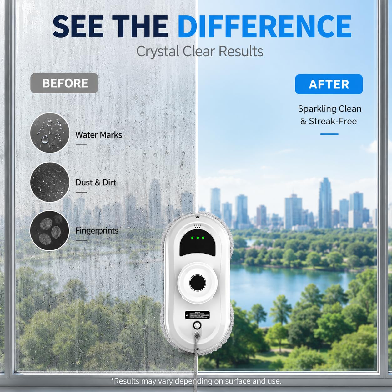Robot limpiador de ventanas, succión de 5600 Pa, planificación inteligente de caminos, detección de bordes, sistema anticaídas, cuerda de seguridad de 4 m, ideal para ventanas altas, azulejos y