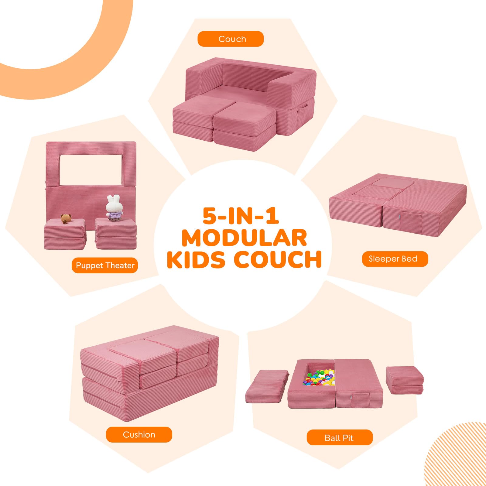 MeMoreCool Divano per bambini in velluto a coste, pieghevole in gommapiuma, mini divano modulare per cameretta e camera da letto, rosa