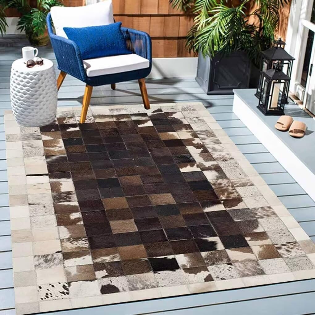 Grey and White Western Cowhide Area Rug 2'x3'Abstract Modern Area Rug for Hallway Non-Slip Rustic Lodge Highland Cow Rugs Couch Decor Low Pile Brown Cow Plaid Print Carpet