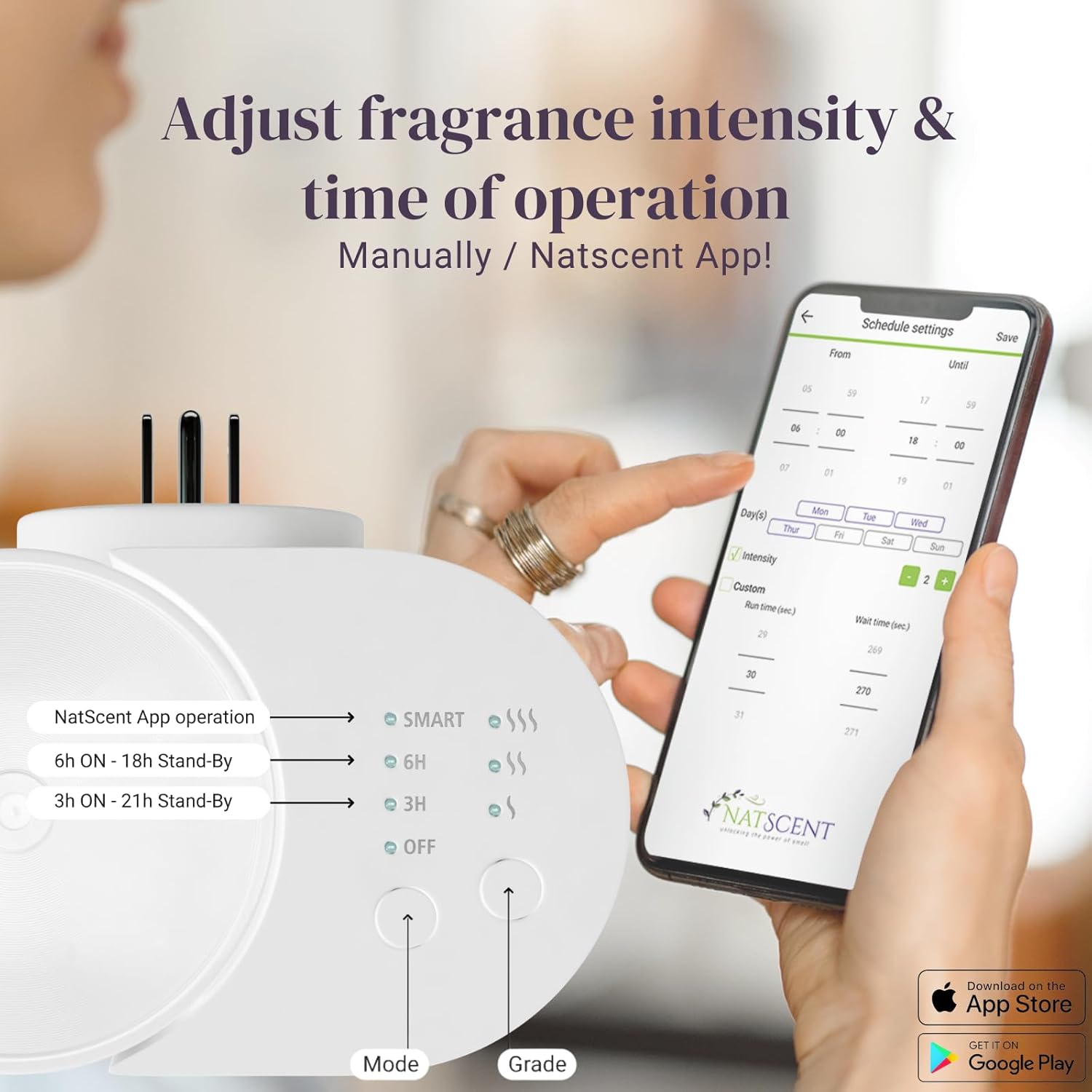 Natscent Airial diffuser with smartphone showing app control interface