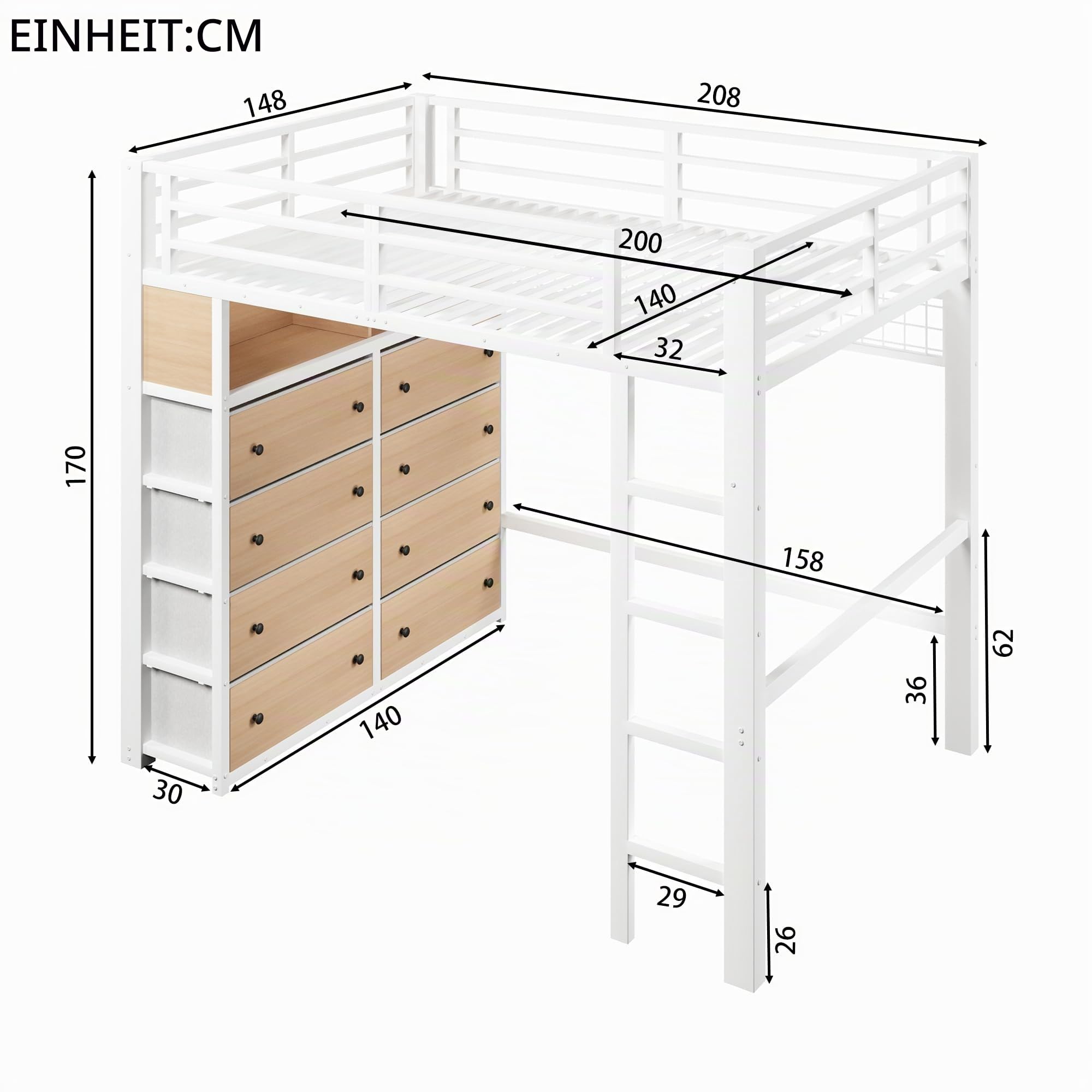 BTM Metall Hochbett 140x200 mit Modulares Schubladen Stauraum Hochbett Jugendliche mit LED, Regalen und Lochwand, Weiß