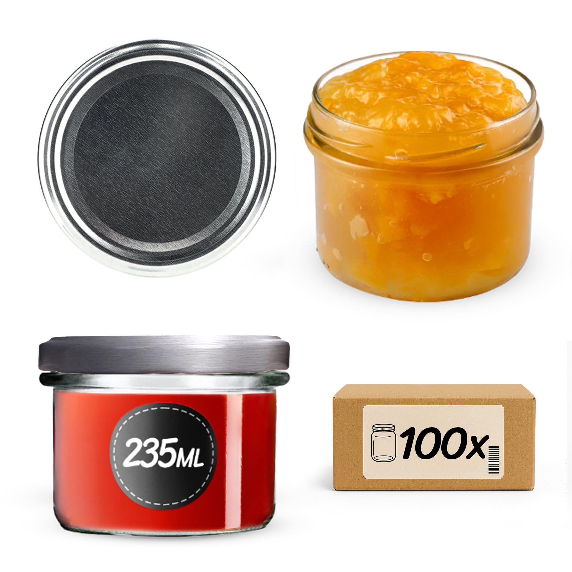 KADAX Lot de 100 bocaux en verre 235ml Ø82 – Pour confitures, conserves, cornichons & miel – Bocaux à vis, sans couvercle