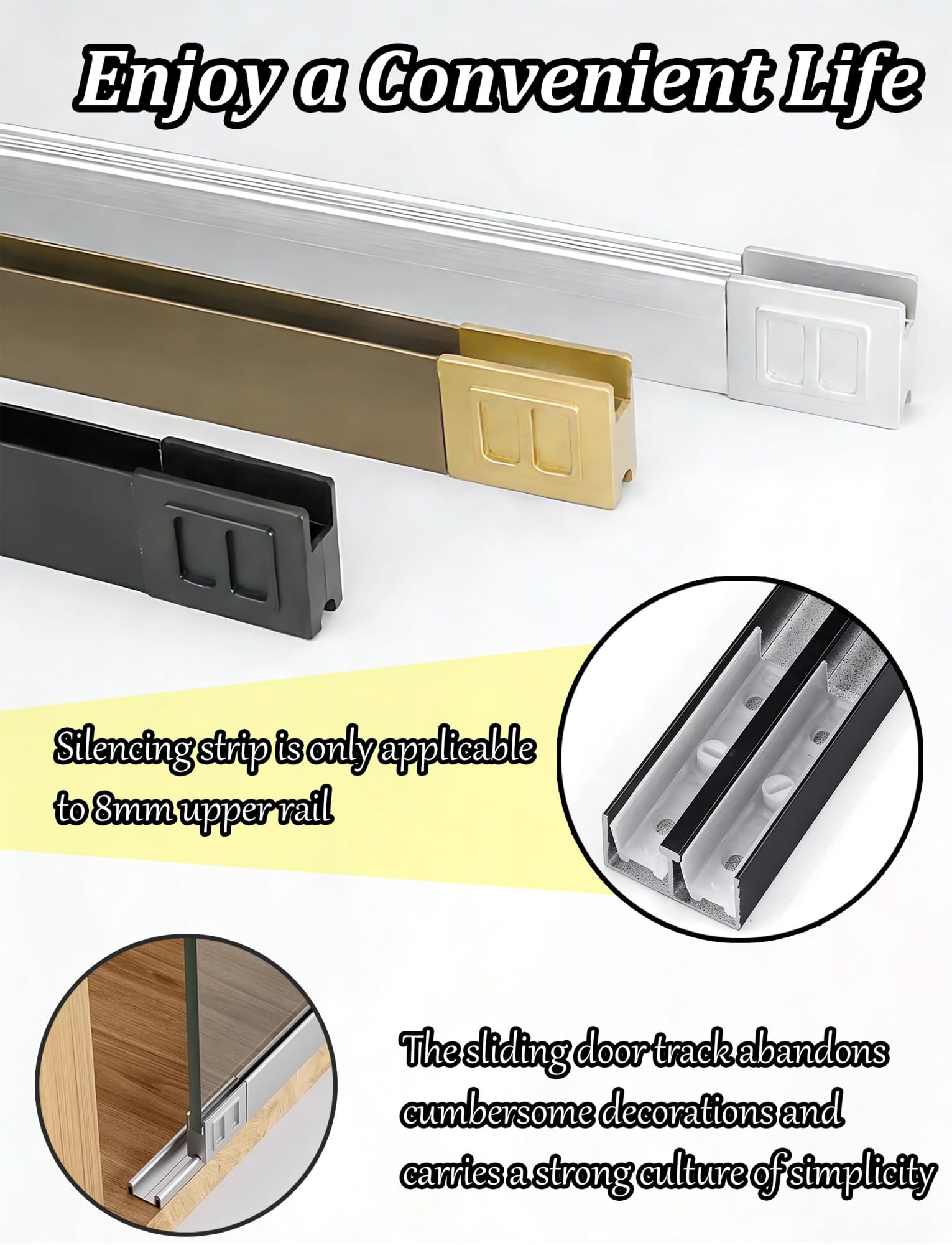 Kit binario per porta scorrevole in alluminio, doppio scivolo con rulli, senza trapano, per cabi e armadi, 80 cm / 31.5in, 0,5 cm / 0.2in, sistema Easy Glide