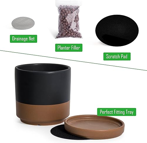 Miniatura 4 de D'vine Dev Maceta de cerámica de 8 y 10 pulgadas para plantas con orificio de drenaje y platillo, juego de macetas grandes, negrobronceado moteado,