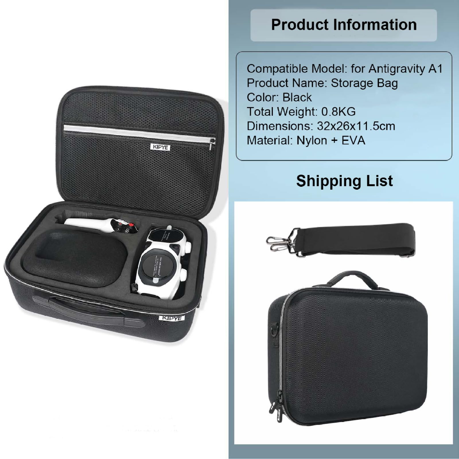Borsa da viaggio portatile per Antigravity A1 del drone accessori Fodera in EVA antiurto. Custodia in nylon resistente agli urti e idrorepellente con comoda maniglia e tracolla regolabile
