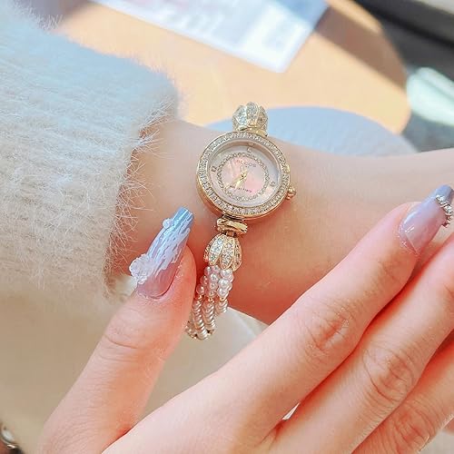 Miniatura 6 de Reloj de pulsera de oro para mujer, correa de cadena de perlas giratoria, esfera deslumbrante, impermeable, regalo para mujer R0262JF