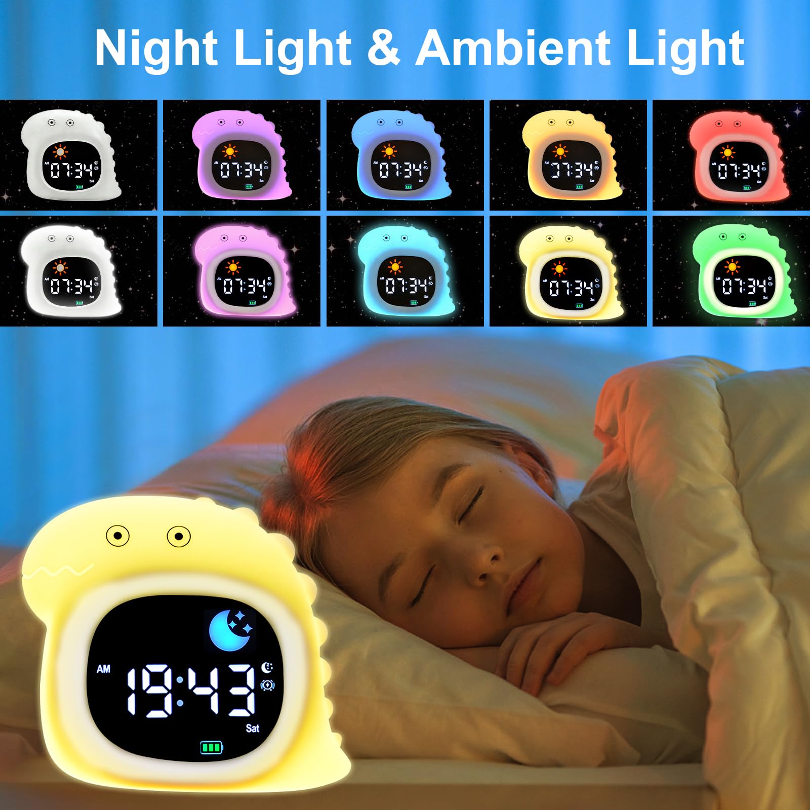 Sveglia per bambini, sveglia all'alba con luce notturna, display a LED con musica per dormire suoni rilassanti, funzione snooze, 12/24 ore, 6 luminosità regolabili per camera da letto
