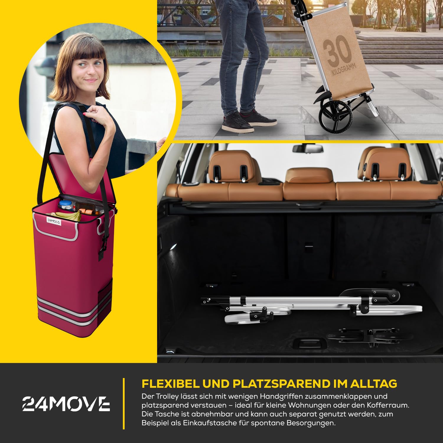 24MOVE® Einkaufstrolley Vehlo klappbar mit 55L inkl. Kühlfach, Faltbarer 3in1 Trolley - Sackkarre und Tasche, bis 30kg belastbar, rot