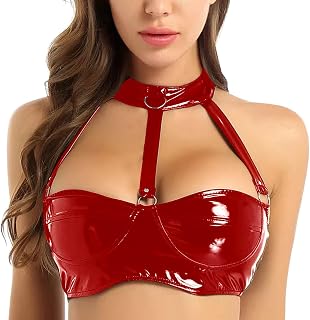 FEOYA Braguita de piel para mujer, de látex, con cuello erótico, color negro