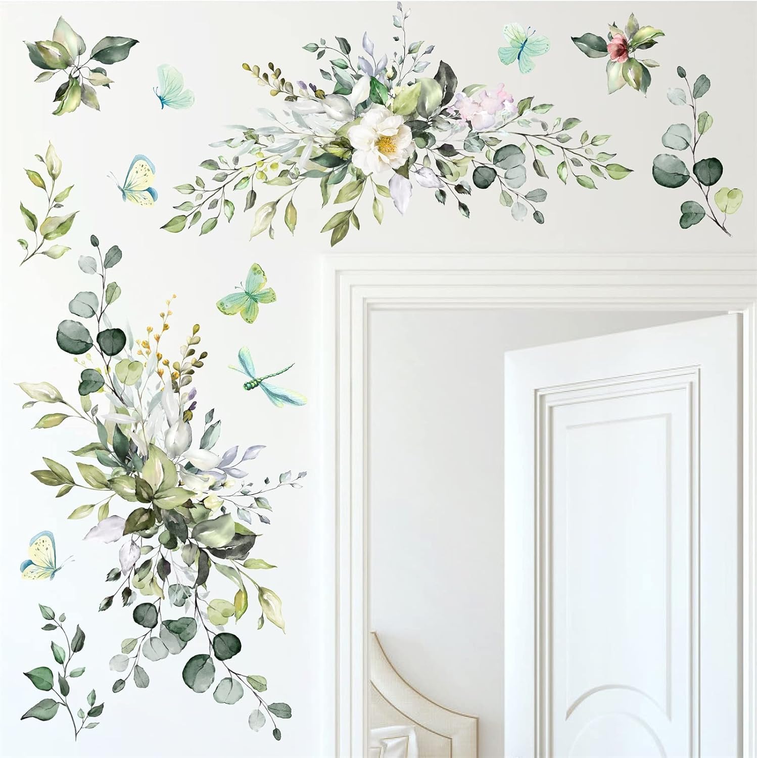 Large Green Leaves Wall Decals Modren Plant Wall Decals Peel and Stick Decals Rustic Leaves Wall Art Murals Boho Butterflies Flower Hanging Vines Wall Stickers for Living Room Bedroom Bathroom Decor