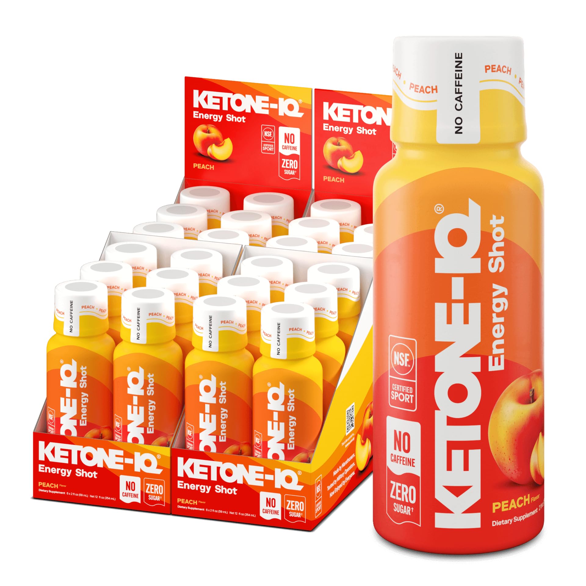 Ketone-IQ Bevande energetiche senza caffeina con chetoni esogeni - Confezione da 24 pezzi da 10 g di chetoni - Senza zucchero, senza sale e totalmente naturale (pesca)