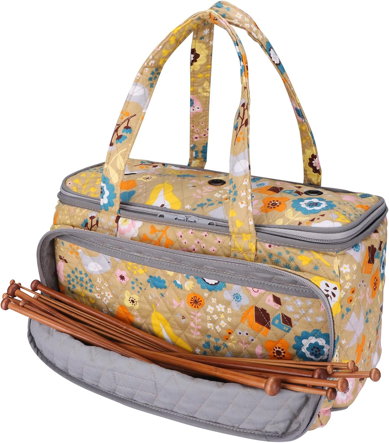 Yarn Storage Organizer with Grommets - Portable Crochet & Knitting Bag for Skeins, Hooks, Needles & Accessories (Flower-Yellow)