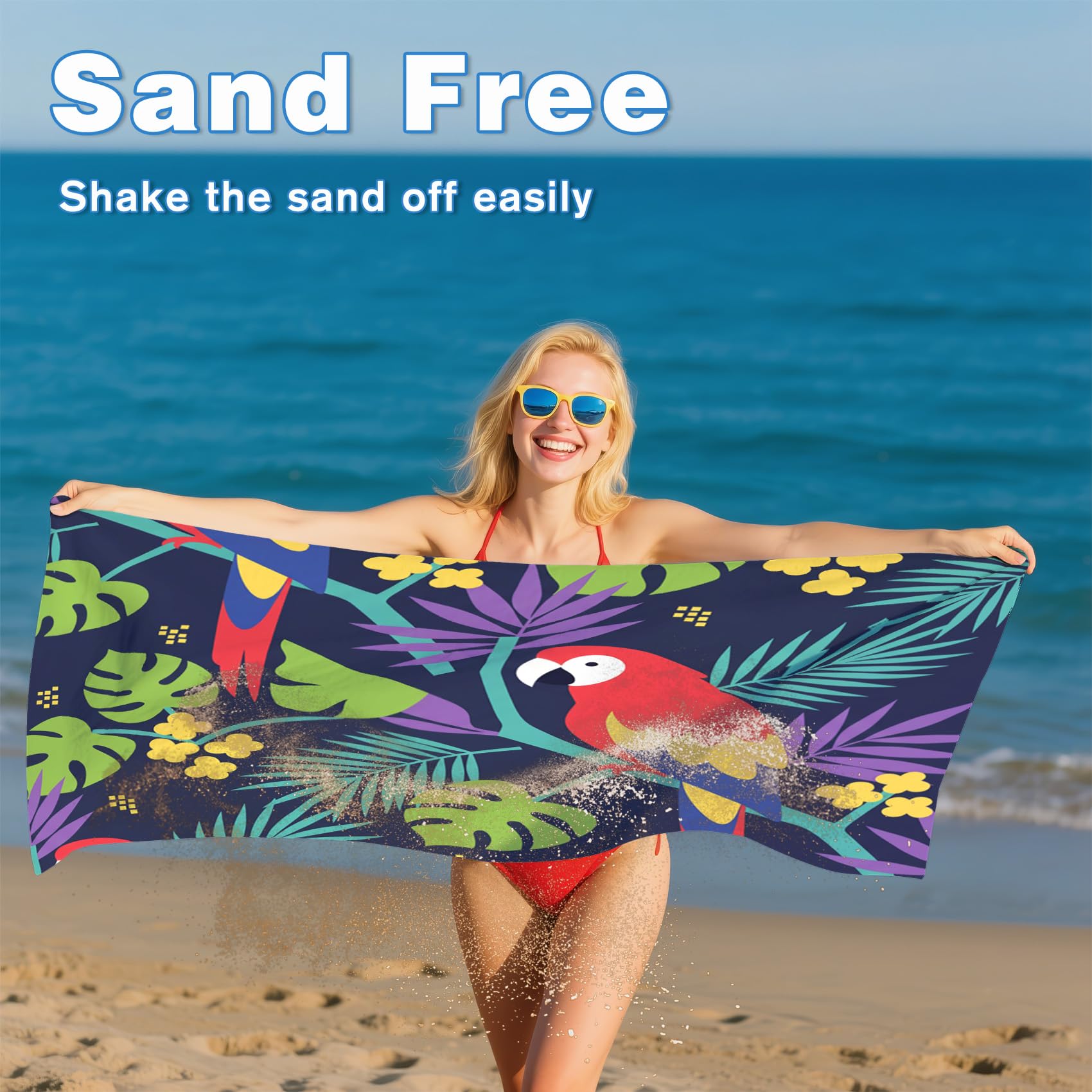 Serviette de Plage XXL Microfibre Perroquet Oiseaux Tropicaux Monstera, Drap de Plage Séchage Rapide Anti Sable & Légère, Serviette de Bain Grande Taille 150x200 cm, Accessoire