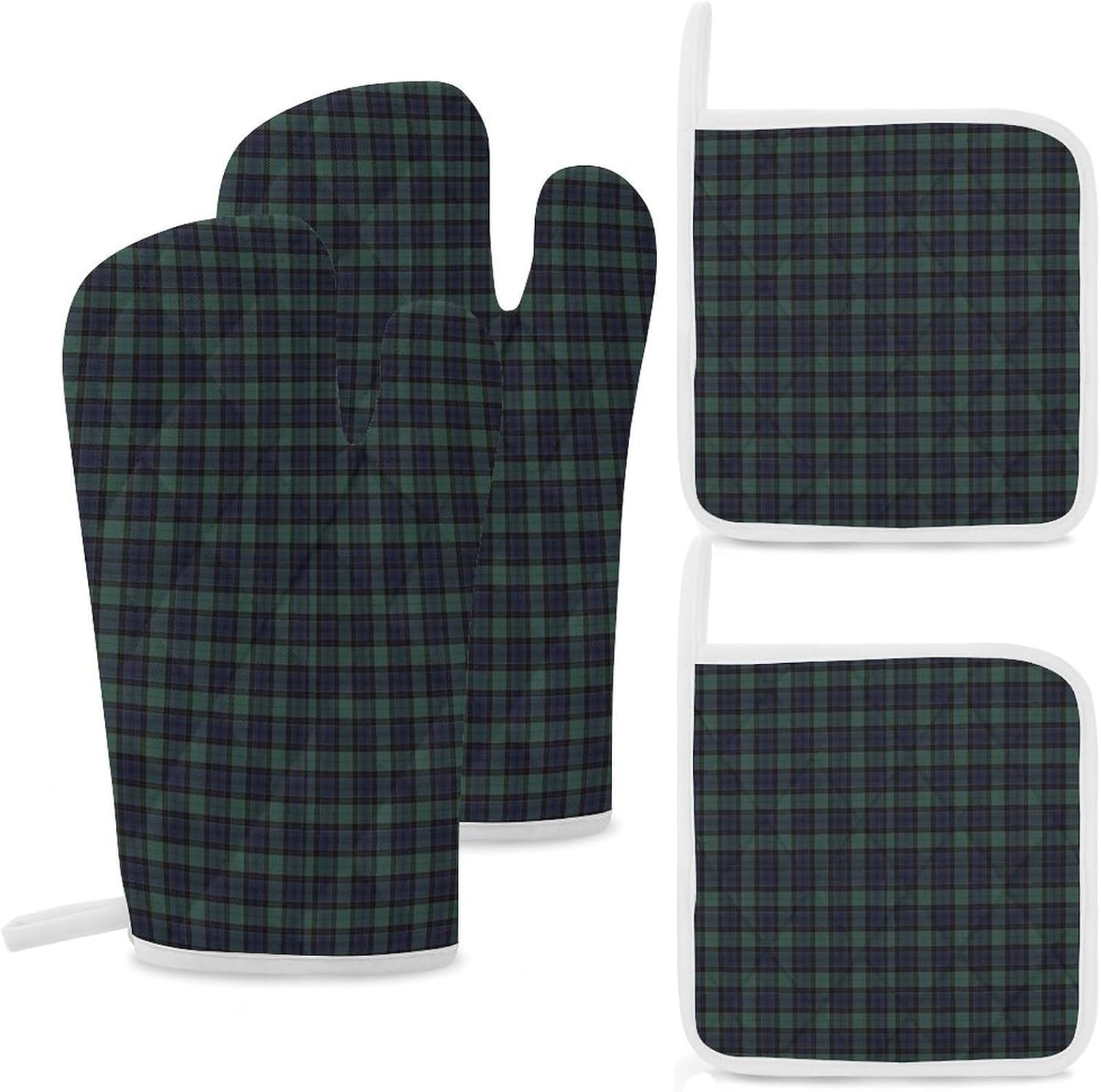 Scottish Blue-Green Plaid Oven Mitts and Pot Holders 4Pcs Set Heat Resistant Cooking Mitts Hot Pads
