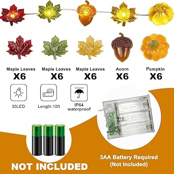 Autumn Lights - 10ft 30 Pumpkin Acorn Maple Leaf Thanksgiving Lights Decor for Halloween Autumn Home Party Fall Decorations Indoor Outdoor -1 [Energy Class A]
