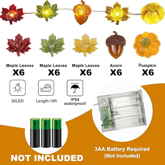 Autumn Lights - 10ft 30 Pumpkin Acorn Maple Leaf Thanksgiving Lights Decor for Halloween Autumn Home Party Fall Decorations Indoor Outdoor -1 [Energy Class A]