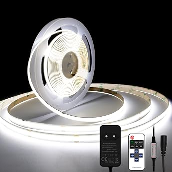 TTWAY COB LED Strip Cool White 6000 K 5 m Dimmable Flexible 24 V COB LED Strip Light Set 480 LEDs/M GS Power Supply with RF Remote Control CRI90+ Bright Under-Unit Light for TV DIY Decoration [Energy Class F]