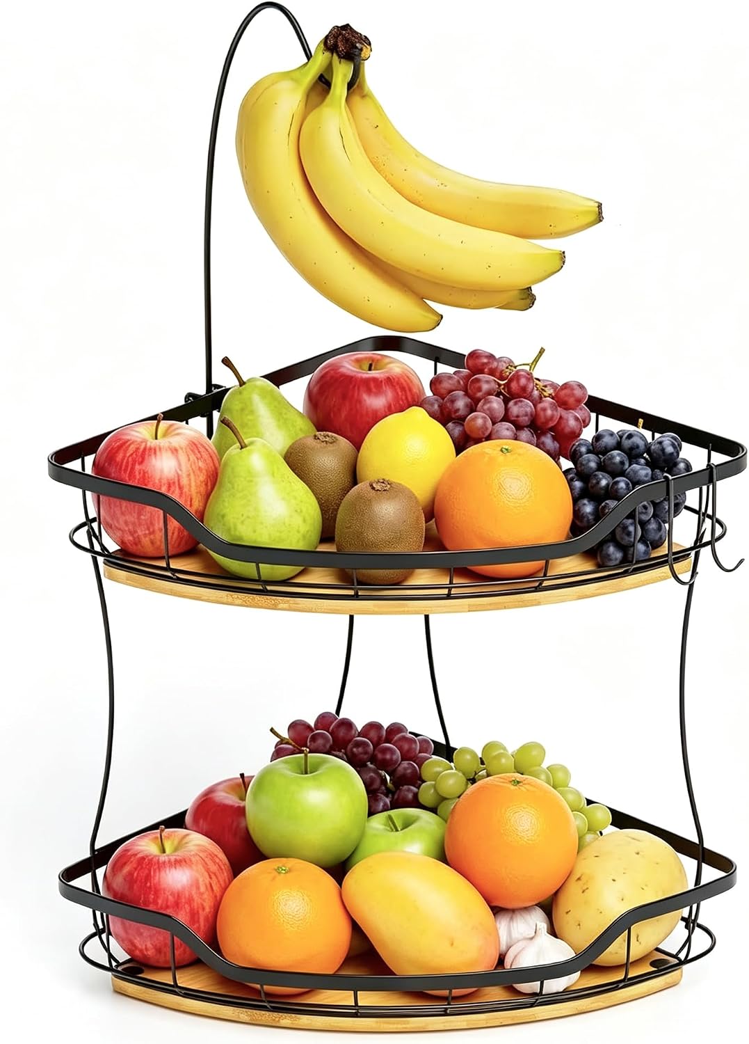 Fruit Basket Black 2-Tier Fruit Bowl Black with 2 Banana Hangers Metal Fruit Bowls Storage for Fruit, Vegetables, Bread, Snacks