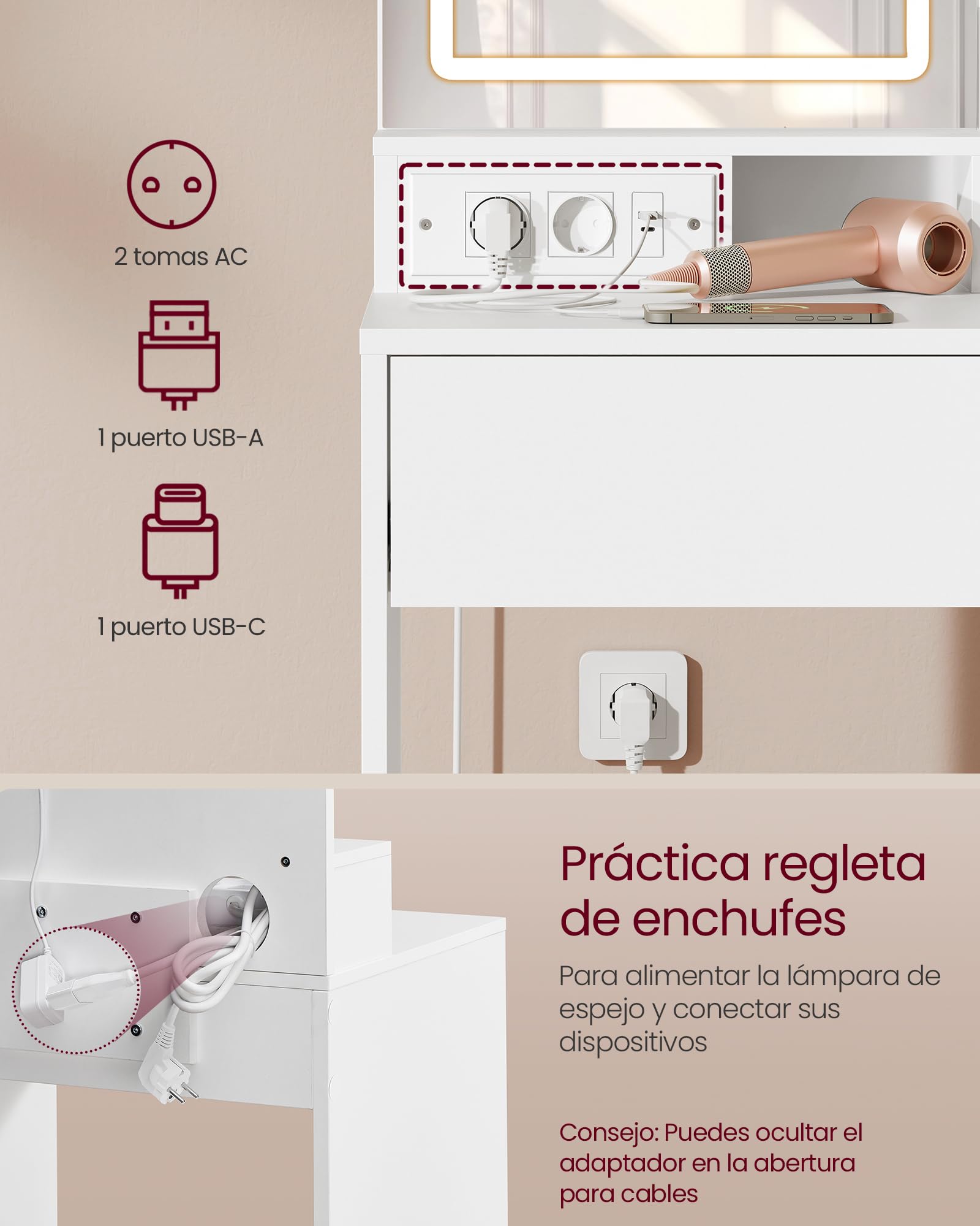VASAGLE Kailyn Colección - Tocador con Espejo LED, con Regleta de Enchufes, Gabinete con 2 Estantes Ajustables, 1 Cajón, 2 Estantes Abiertos, Estilo Moderno, Blanco RDT138W01