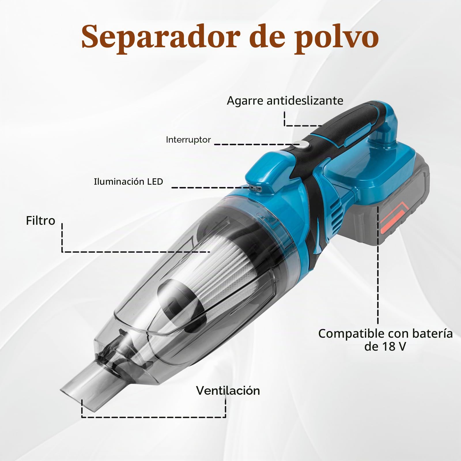Aspiradora de Mano Potente Sin Cable, Mini Aspirador Industrial 18V con Batería, Aspirador Coche Potente Sin Cable, Aspiradora Pequeña para Cenizas, Hojas y Exterior, Incluye Accesorios