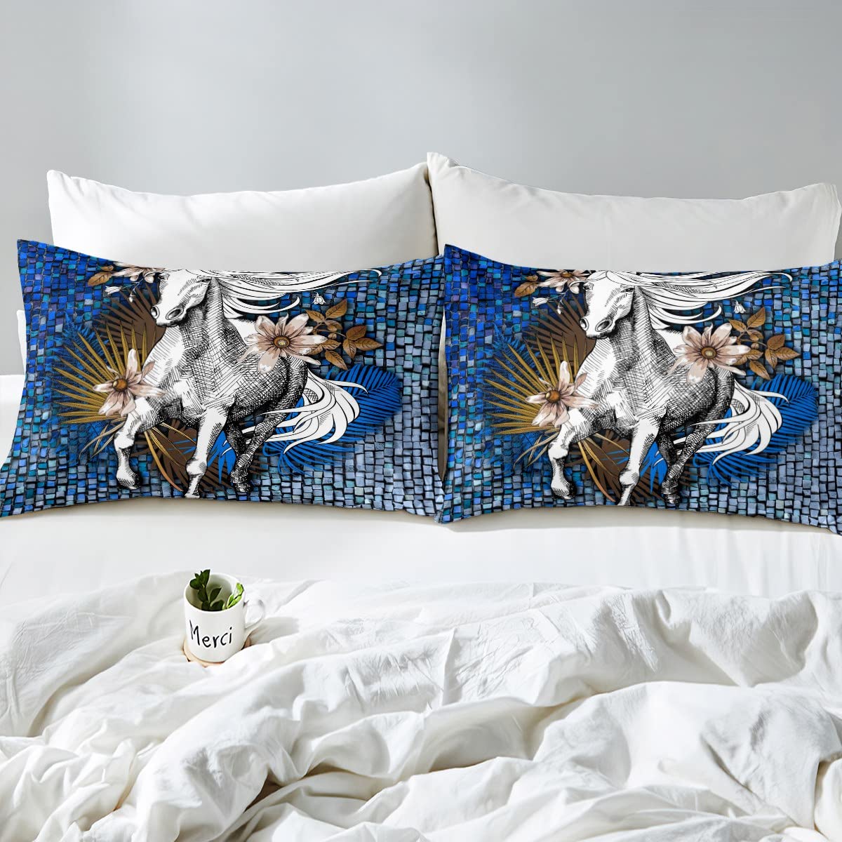 Juego de Ropa de Cama de Caballo Blanco Sábana de Cama de Caballo galopante Sábanas de Cama de geometría a Cuadros Azules Florales para niños Niños Niños Niñas Juego de sábanas de Microfibra
