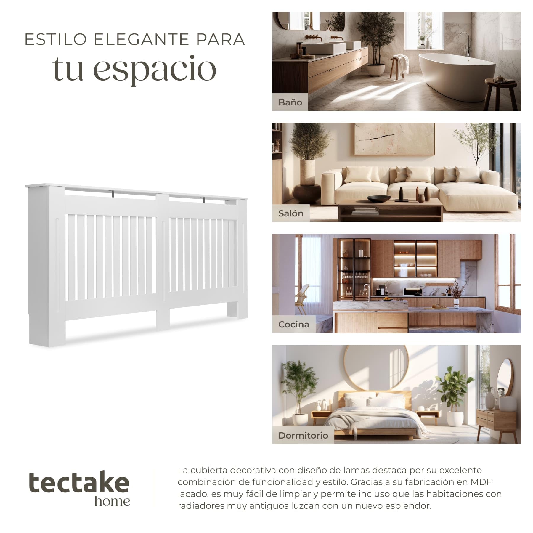 tectake® Cubre Radiador con Diseño de Lamas, Cubierta para Calefacción, Revestimiento para Radiadores, con Repisa Decorativa, Protección contra Calor, Fácil Limpieza, Escandinavo - 172,3 x 19 x 82 cm