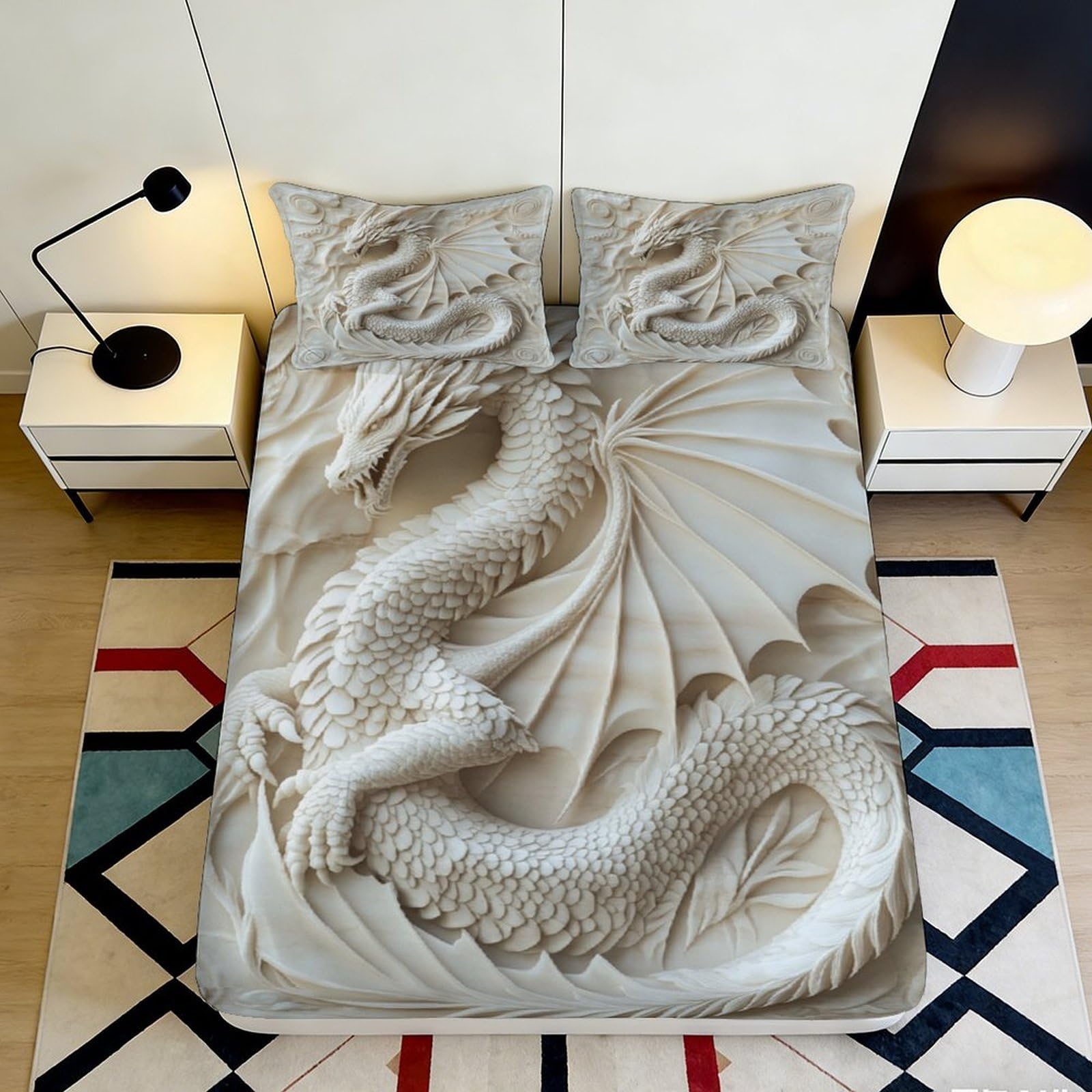 Uynsixtme Style-2 3D Printed Dragon Pattern Fitted Sheet Microfiber Deep Pocket Elastic Hem Bedroom Bedding Dragon Mattress Fitted Cover Non-Slip Washable 140X200x25cm