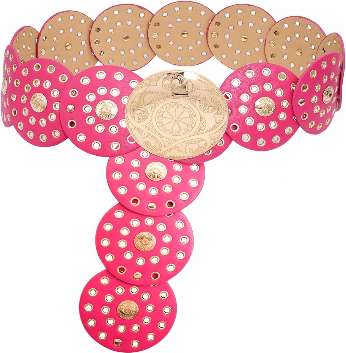 Hollow Wide Disc Belt for Women Concho Leather Metal Buckle Boho Belt Cowgirl Vintage Western Chunky Waist Belts