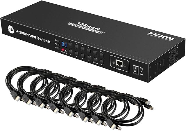 TESmart 16 Port HDMI KVM Switch 4K@30Hz Ultra HD | 16x1 KVM Switcher 16 PC 1 Monitor Support IR Remote Control, Auto Scan, RS-232&LAN Control with Extra USB 2.0 Port and 8x1.5m KVM Cables-Matte Black