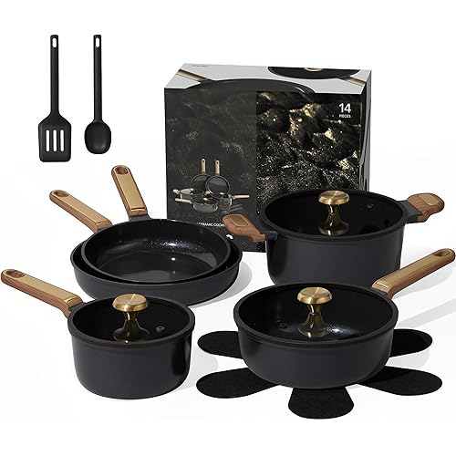 CAROTE Ceramic Cookware Set Nonstick, 14pcs Pots and Pans Set Nonstick, Non-Toxic & PFAS-Free, Dishwasher, RV/Camping Cookware Set, Cooking Pots with Lids, Charcoal Black