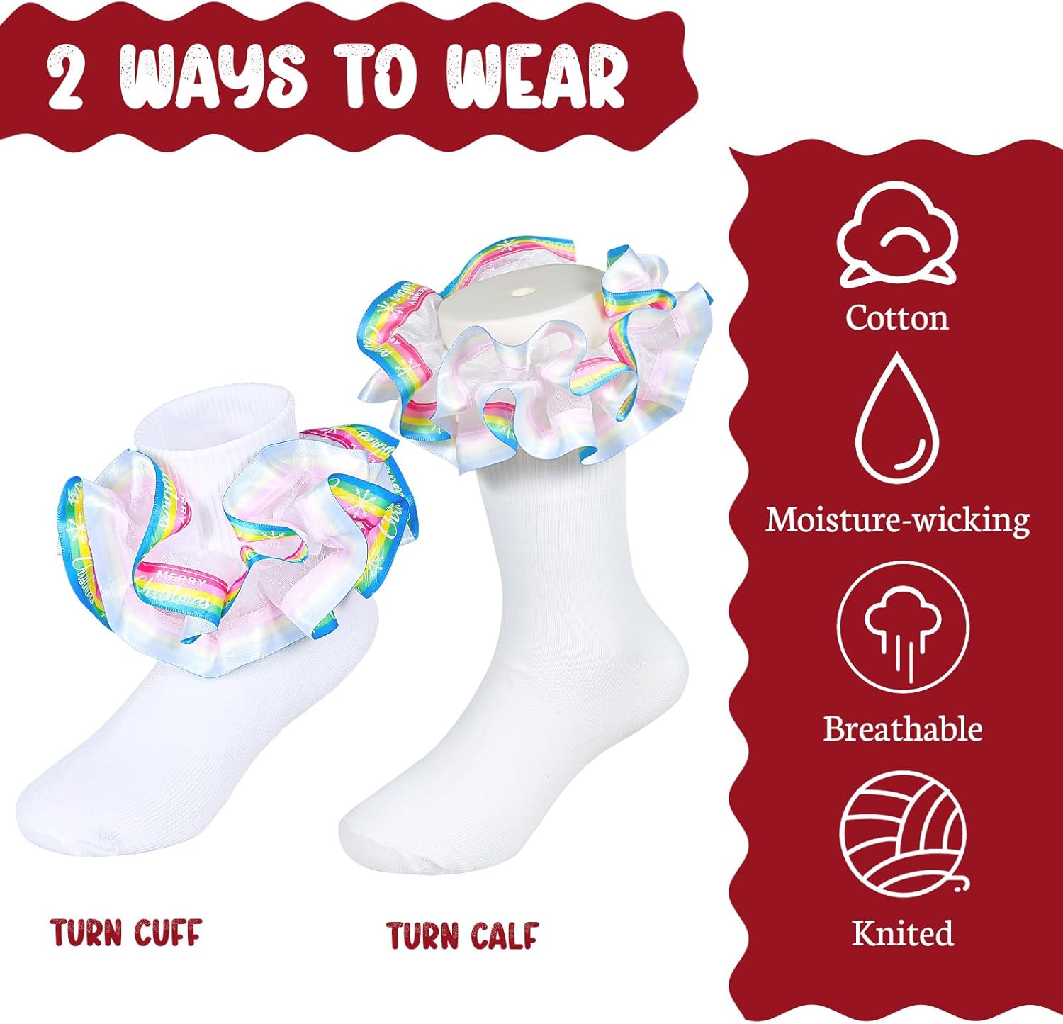 Toddler Lace Green Red Cute Dwarf and Merry Christmas Ruffles Socks for Girls Turn Cuff Gnomes Frilly Dress Sock - Image 4