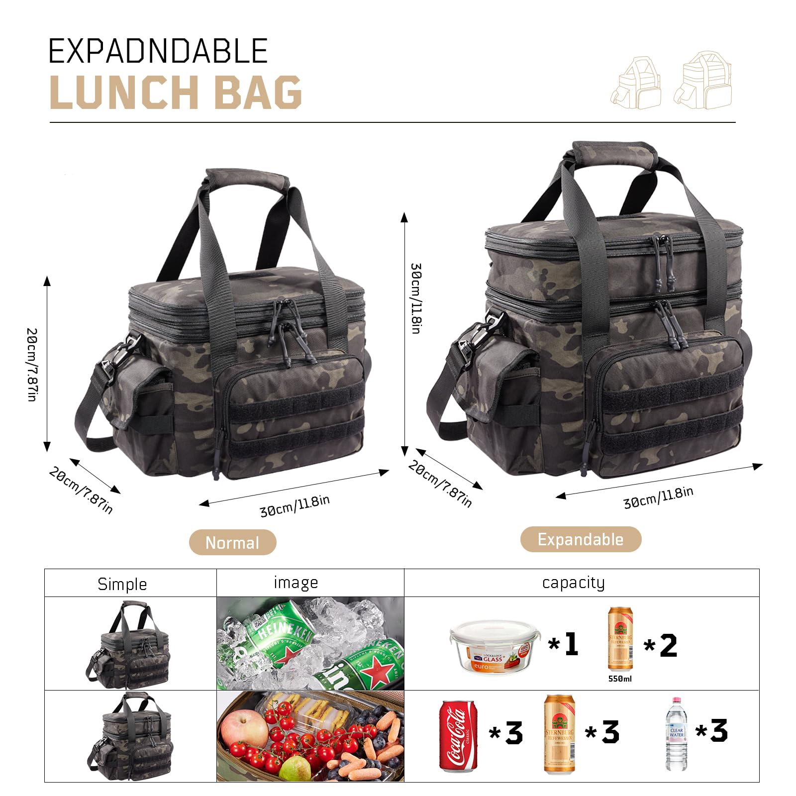 1TG Tactical Borsa termica per il pranzo, espandibile, da uomo, a prova di perdite, grande, con supporto a spalla, riutilizzabile, per lavoro, viaggi, campeggio, picnic, spiaggia, 18-24 l