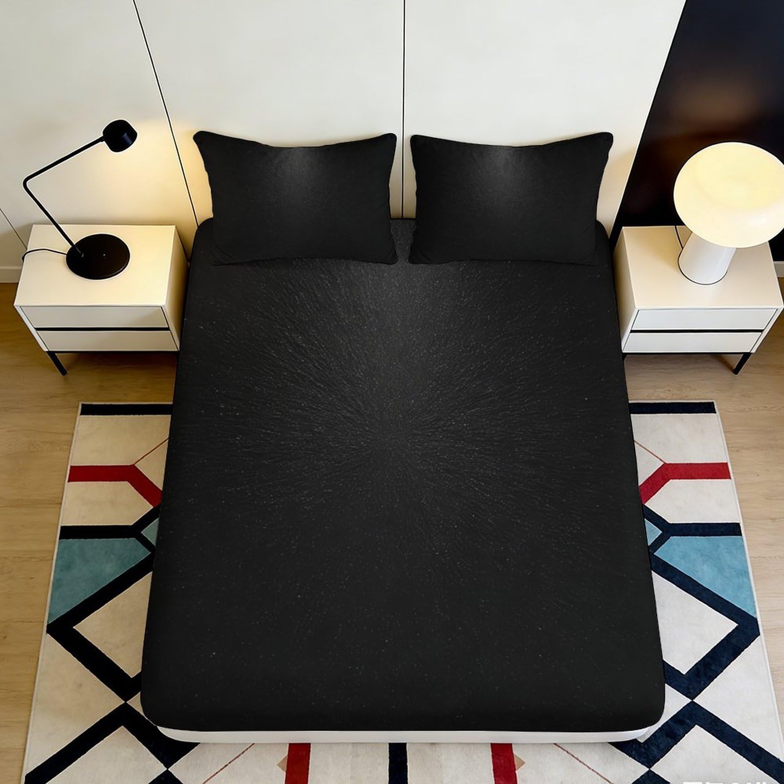 3D Printed black geometric Fitted Sheet, Microfiber soft touch, wrinkle resistant, apartment bedding, home decor, anti-slip, machine washable, stylish accent, bedroom, guest room 180x200x25cm