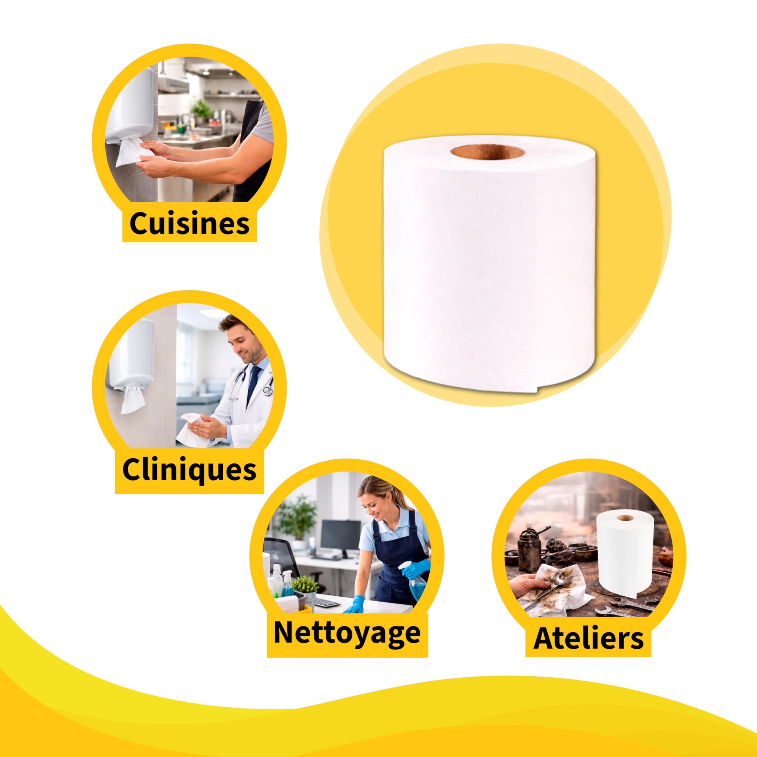 Lot de 6 rouleaux de papier essuie-tout 2700 feuilles 100 m/rouleau | Papier essuie main blanche pure ouate | Usage professionnel haute résistance et grande absorption.