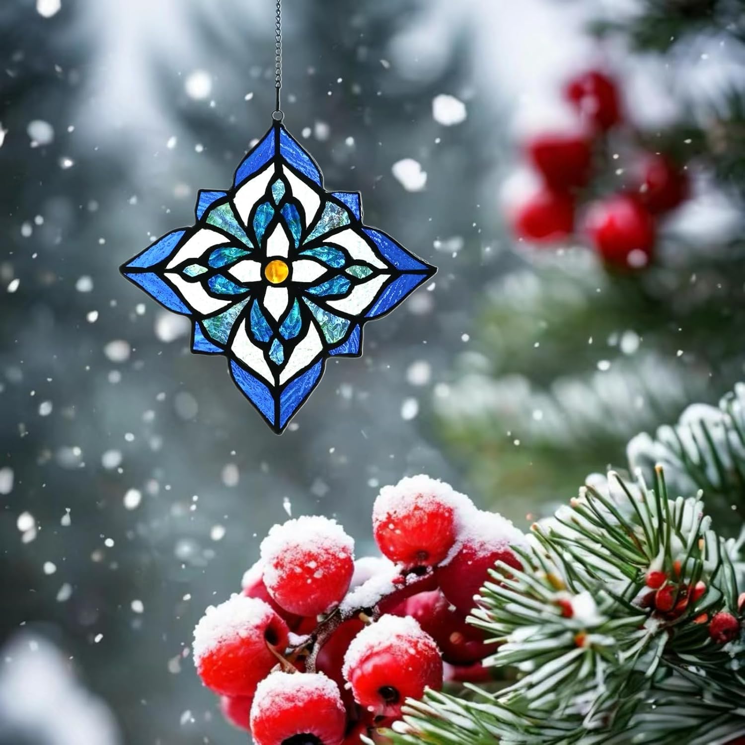 Stained Glass Window Hangings, Tiffany Style Window Panel Suncatchers Blue Art Flower - Image 4