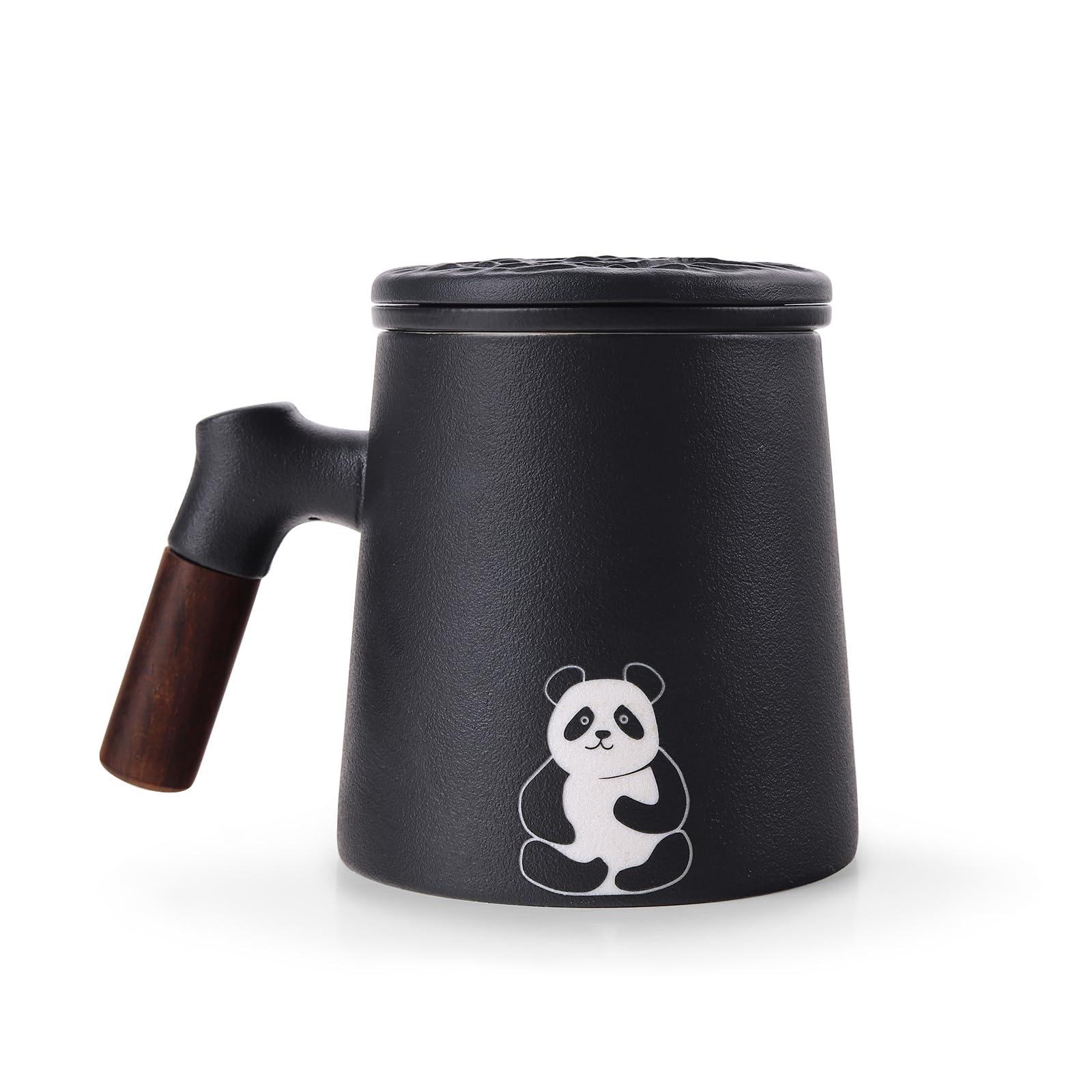 fanquare Ceramic Tea Mugs with Wood Handle Black Tea Cup with Infuser and Lid, Tea Steeping Mug for Brewing Loose Leaf Home