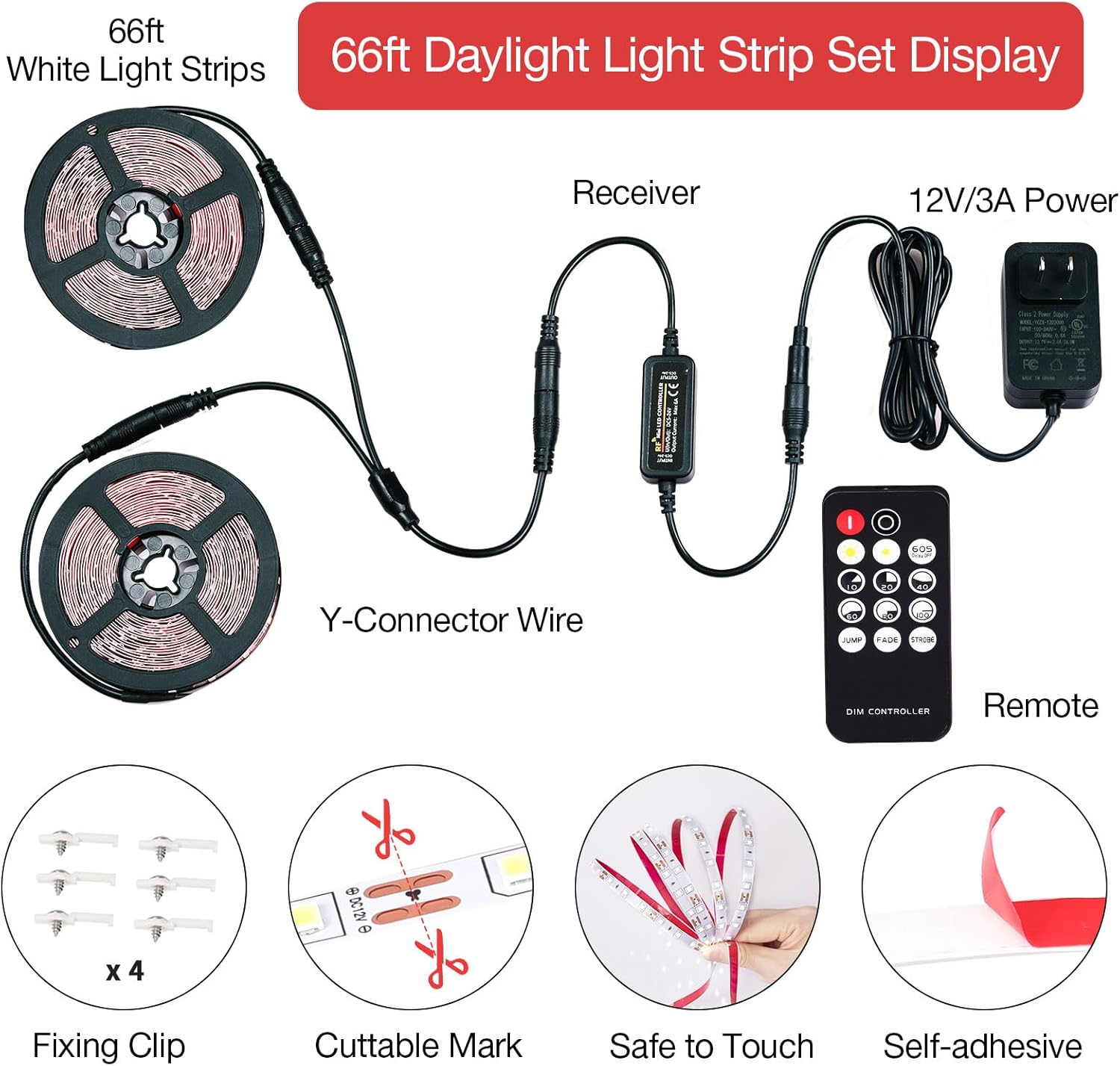 66ft White LED Strip Lights with Remote, 6500K Dimmable 12V LED Light Strip, 1200 LEDs Flexible Cuttable Tape Lights for Bedroom Kitchen Cabinet Ceiling Lighting