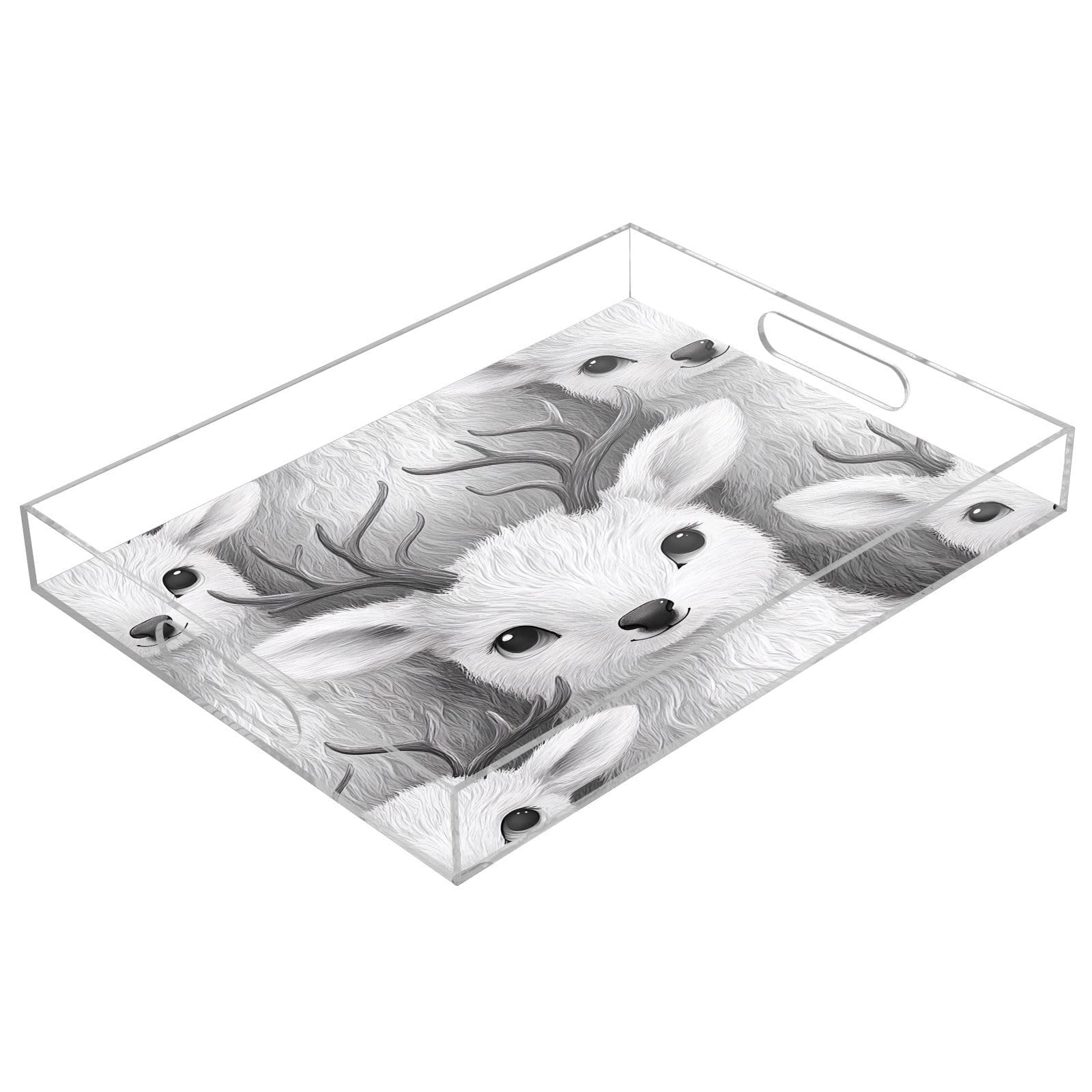 Msyxl Cute Deers Grey Serving Tray for Coffee Table, Decorative Acrylic Tray Cute Deers Grey Tray with with Handles for Breakfast, Ottoman, Countertop, 12x16 in